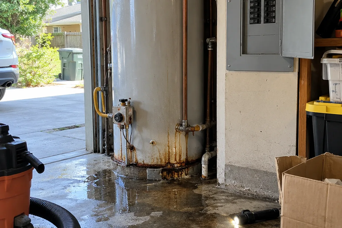 A rusted gas water heater with a wet, puddled garage floor around its base, an open electrical panel to its right, a shop vac, a flashlight and cardboard boxes.