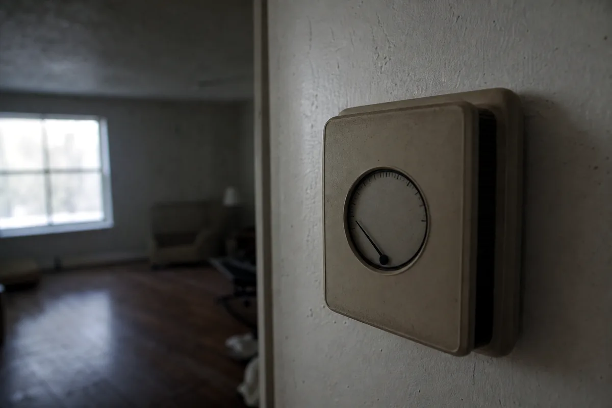 A residential thermostat on a wall reading a cold temperature in a dim winter room.