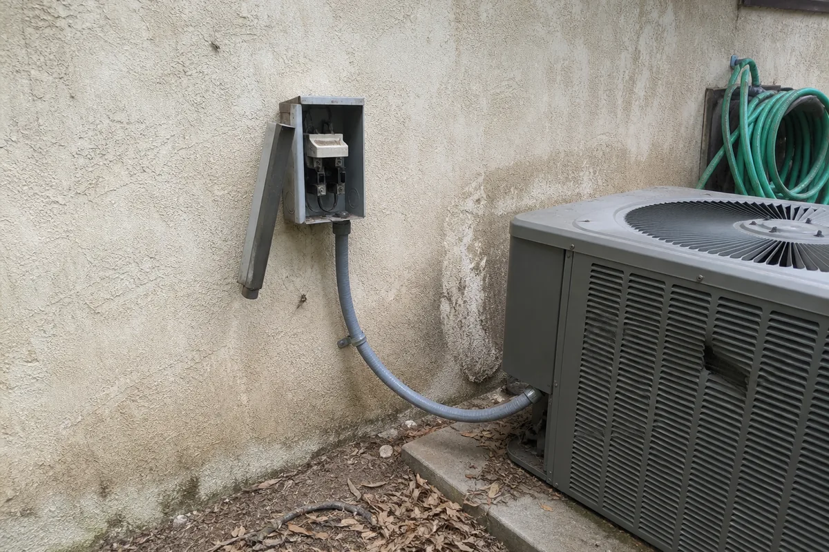An open outdoor electrical disconnect box on a stucco wall with the pull-out block still seated, flexible conduit running down to a condensing unit, dry leaves on the concrete pad.