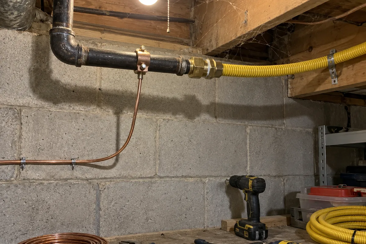 An unfinished basement corner with a black steel gas pipe joined by a brass fitting to yellow corrugated stainless steel gas tubing running along a wood joist, a bronze bonding clamp on the steel pipe with a bare copper wire stapled along the concrete block wall, under a bare pull-chain bulb, with a coil of copper wire, pliers, a cordless drill, a gas leak detector, and a coil of yellow tubing on a dusty workbench.