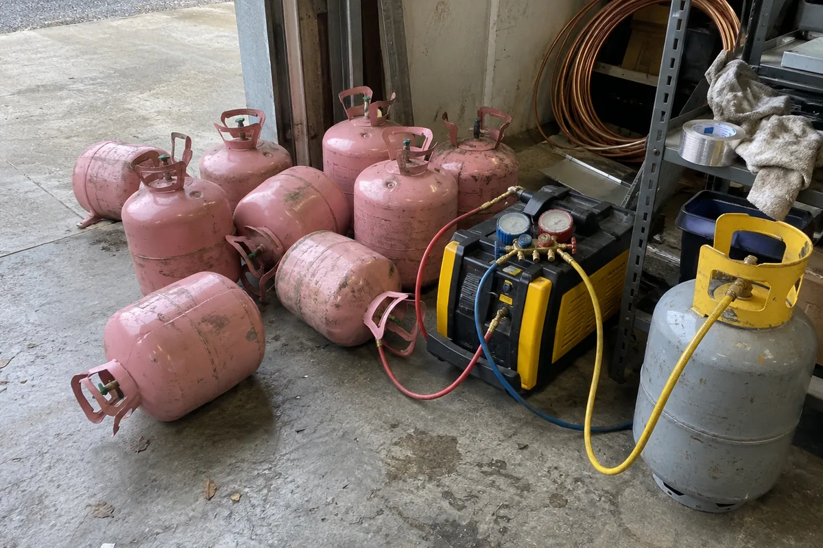 A loose pile of used disposable refrigerant jugs on a concrete shop floor by an open roll-up door, some lying on their sides, next to a recovery machine with a manifold gauge set on top and hoses running to a refillable recovery cylinder, with a coil of copper tubing, a roll of foil tape and a shop rag on the steel shelving behind.