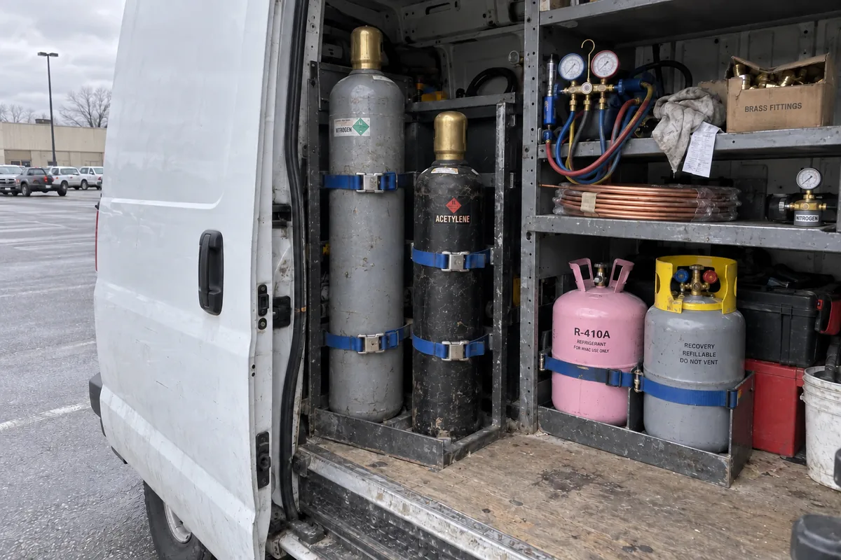The open side door of a white work van in an overcast parking lot, showing a nitrogen cylinder and an acetylene cylinder strapped upright in a steel rack with brass valve caps on, a pink R-410A jug and a gray refillable recovery cylinder strapped in a bin beside them, and a shelf above holding a manifold gauge set, a coil of copper line set, a nitrogen regulator and a box of brass fittings.