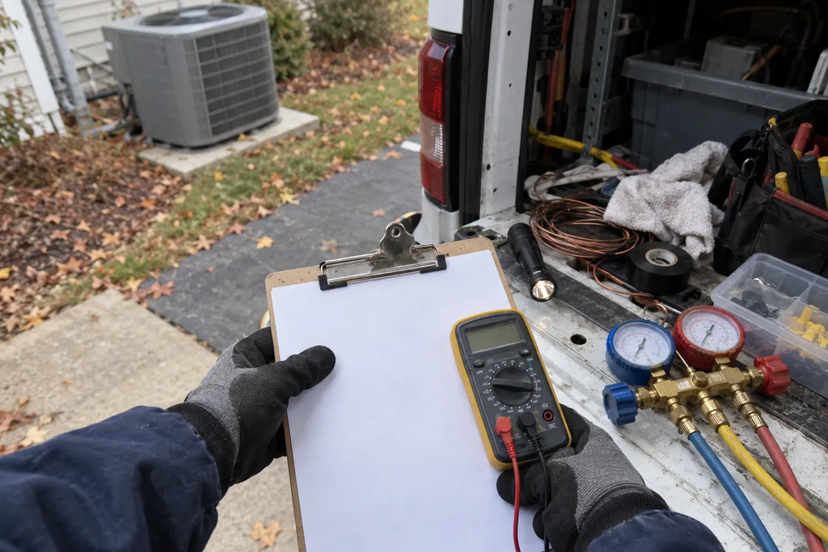 A technician's gloved hands in a navy work jacket holding a blank clipboard with a yellow digital multimeter resting on it, beside the open tailgate of a white work van holding manifold gauges, a coil of copper wire, tape, and a flashlight, with a residential condenser and fallen leaves in the background on an overcast fall day.