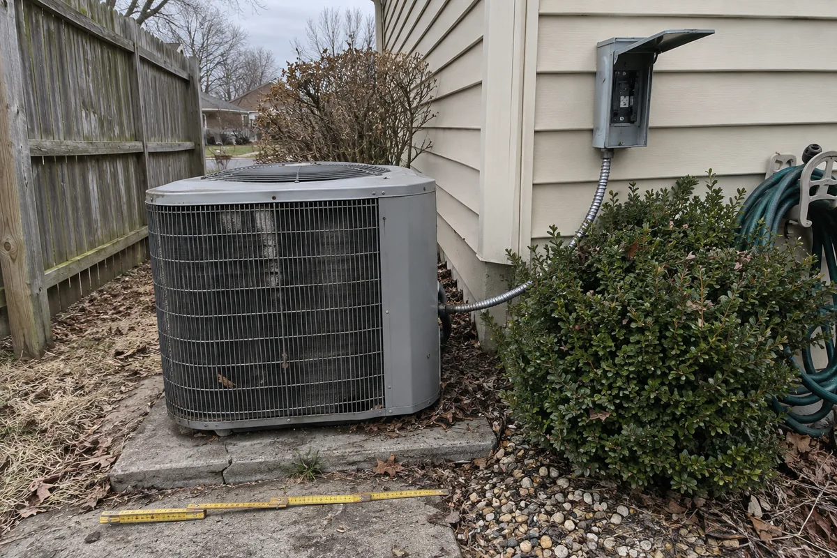 The side yard of a house under flat overcast light: a gray disconnect box mounted on beige vinyl siding with its cover hinged open, a flexible metal whip running down from it into the top of a weathered residential condensing unit that sits on a cracked, settled concrete pad. An overgrown boxwood and a coiled garden hose on a wall reel crowd the narrow gap in front of the box, a yellow folding carpenter's rule lies extended across the pad, and dead leaves, pea gravel and dried grass clippings cover the ground between the pad and a weathered wooden fence.