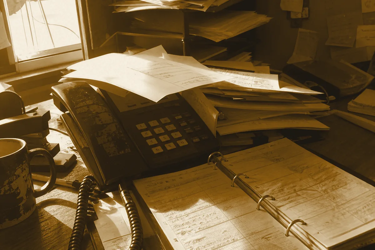 An empty HVAC office desk at dusk with a phone and an open scheduling book, no one at the chair.