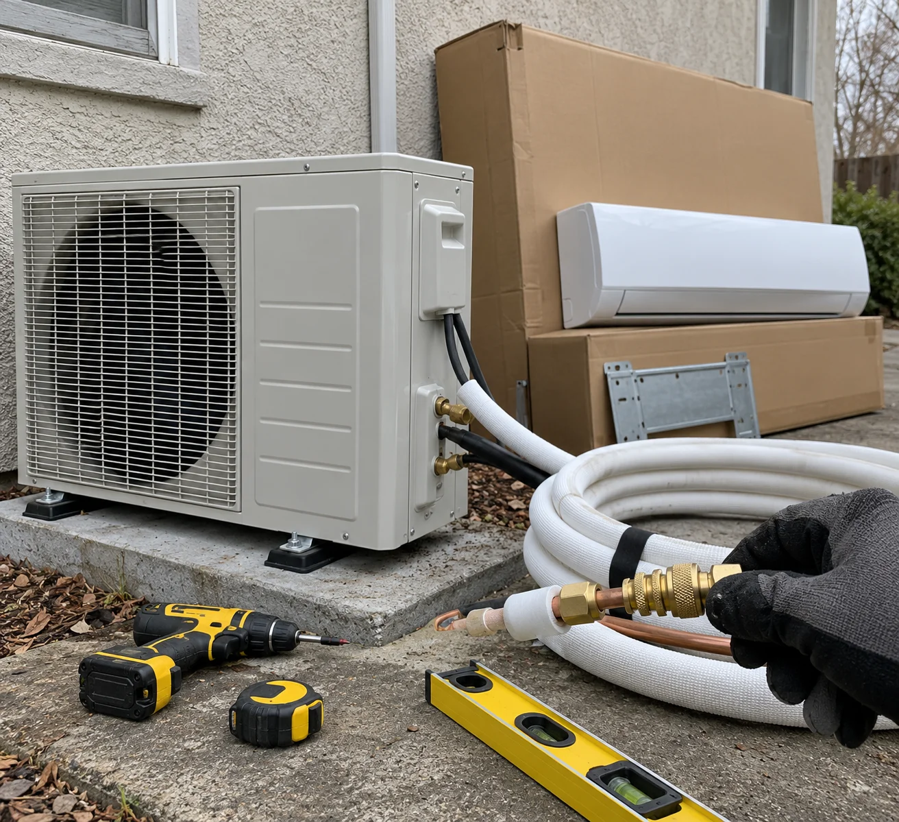 A gloved hand holding a brass quick-connect fitting on a coiled white insulated line set beside an outdoor mini-split condenser on a concrete pad, with a boxed indoor head, a cordless drill, a tape measure and a level on the ground against a stucco wall in flat overcast light.