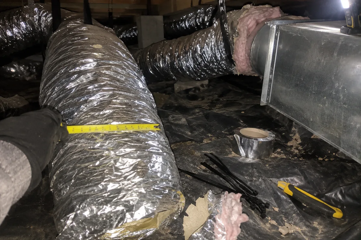 Silver foil-jacketed insulated flex duct running between floor joists in a residential crawl space over a black vapor barrier, a gloved hand holding a yellow tape measure across one duct's outside diameter, a sheet metal plenum with pink fiberglass showing where a jacket was pulled back at the collar, a roll of foil tape, black zip ties, a utility knife, and a torn scrap of duct jacket on the plastic, lit by a clip-on LED work light.
