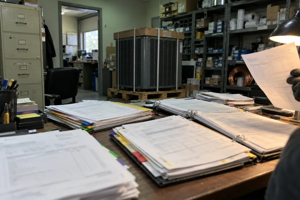 A shop office desk covered in open three-ring binders and loose stacks of equipment invoices with colored year tabs, a gloved hand holding one invoice up under a black desk lamp, and a strapped condensing unit on a pallet in front of parts shelving under fluorescent light.