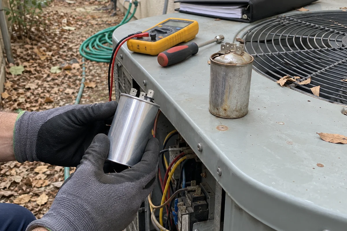 A technician's gloved hands holding a new run capacitor beside the open electrical panel of a residential condenser, with the old rusted capacitor, a yellow multimeter, a screwdriver and a closed black service binder resting on the unit's lid in a leaf-strewn side yard.