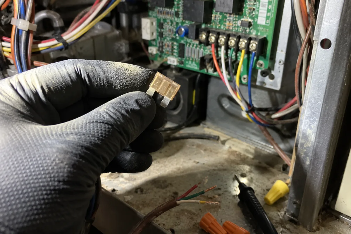 A black-gloved hand holding an automotive blade fuse in front of a furnace control board with thermostat wires on its terminal strip, and a stripped thermostat cable, wire nuts and a multimeter probe on the dusty cabinet floor.