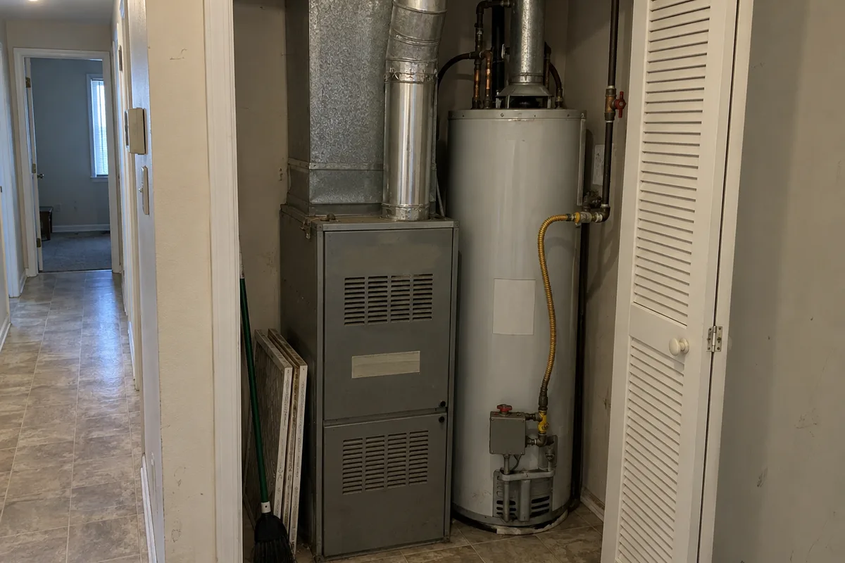 A gas furnace and a gas water heater standing side by side in a narrow interior hallway closet, a white louvered bifold door open to one side, sheet metal plenum and galvanized flue pipe above the units, a yellow flexible gas connector at the water heater and spare filters leaning against the wall.