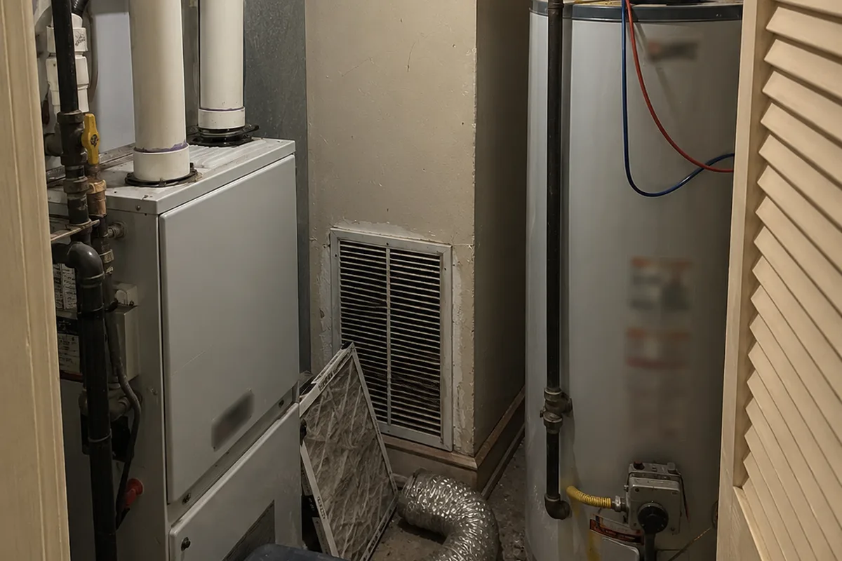 A cramped furnace closet with a white condensing furnace and PVC pipes on the left, a dusty stamped-steel return air grille cut into the back wall, an old furnace filter and a coil of foil duct on the floor, and an older gas water heater with blurred labels on the right, under a bare overhead bulb with a louvered closet door open at the edge.
