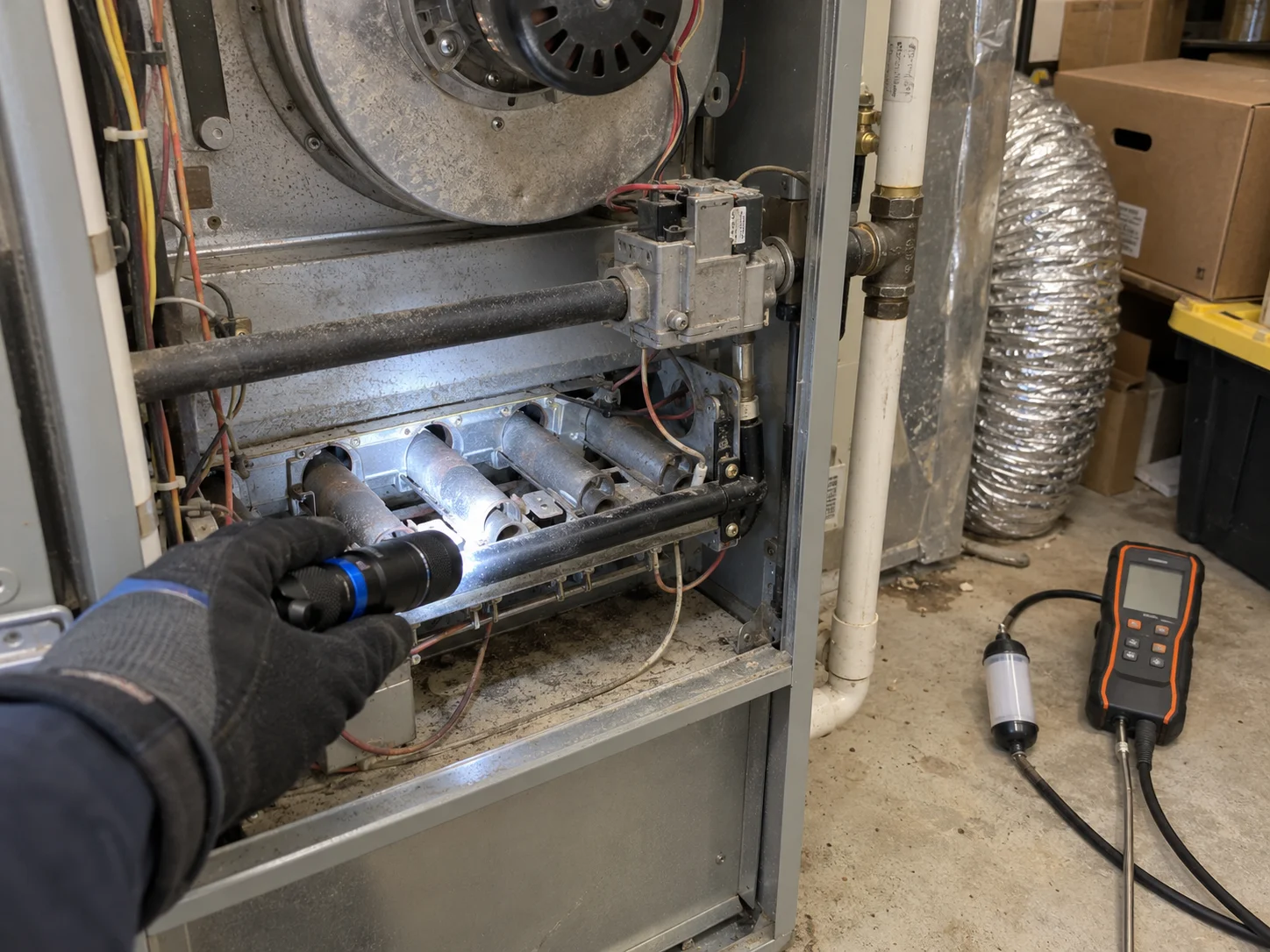 A gloved hand shining a flashlight on dusty burner tubes inside an open gas furnace, with a handheld combustion analyzer on the concrete floor beside flex duct and cardboard boxes.