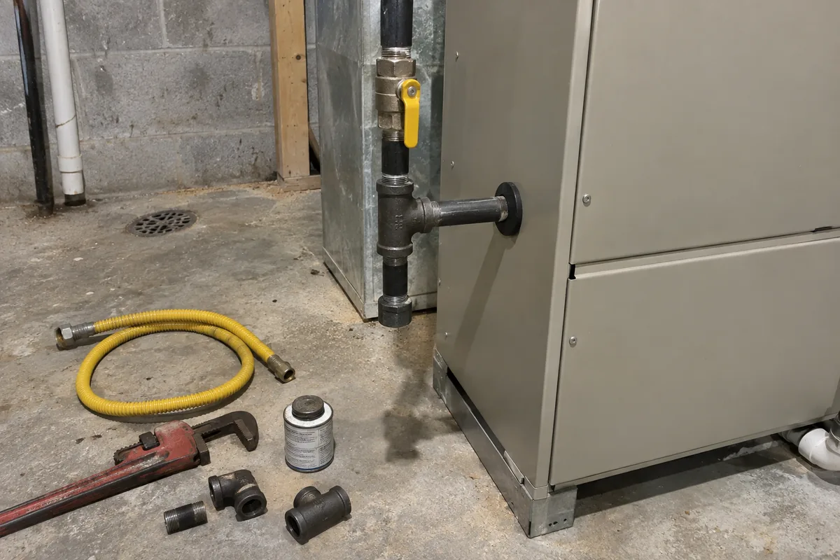 Black iron gas piping dropping beside a new upflow gas furnace in an unfinished basement, a yellow-handled ball shutoff valve above a tee whose side outlet passes through a rubber grommet into the cabinet, a capped nipple pointing straight down from the bottom of the tee, and the old yellow flexible gas connector lying on the concrete floor beside a pipe wrench, a can of thread sealant, and loose black iron fittings under flat basement light.