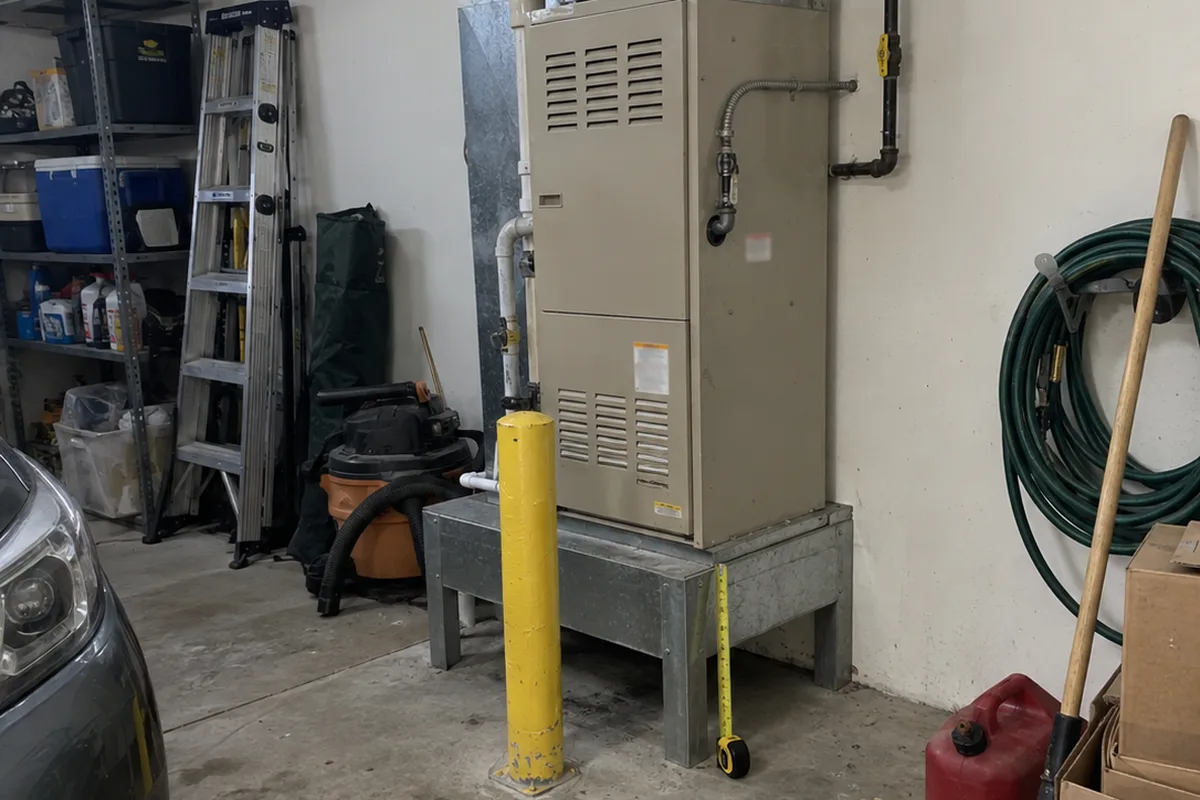 A beige upflow gas furnace on a raised galvanized steel stand against a residential garage wall, a yellow steel bollard set in the concrete in front of it, a black iron gas drop with a yellow-handled shutoff valve, a tape measure hooked on the slab and extended up the side of the stand, with a parked car's headlight at the edge of frame, a shop vacuum, a stepladder, a coiled garden hose, a red gas can, and oil stains on the concrete.