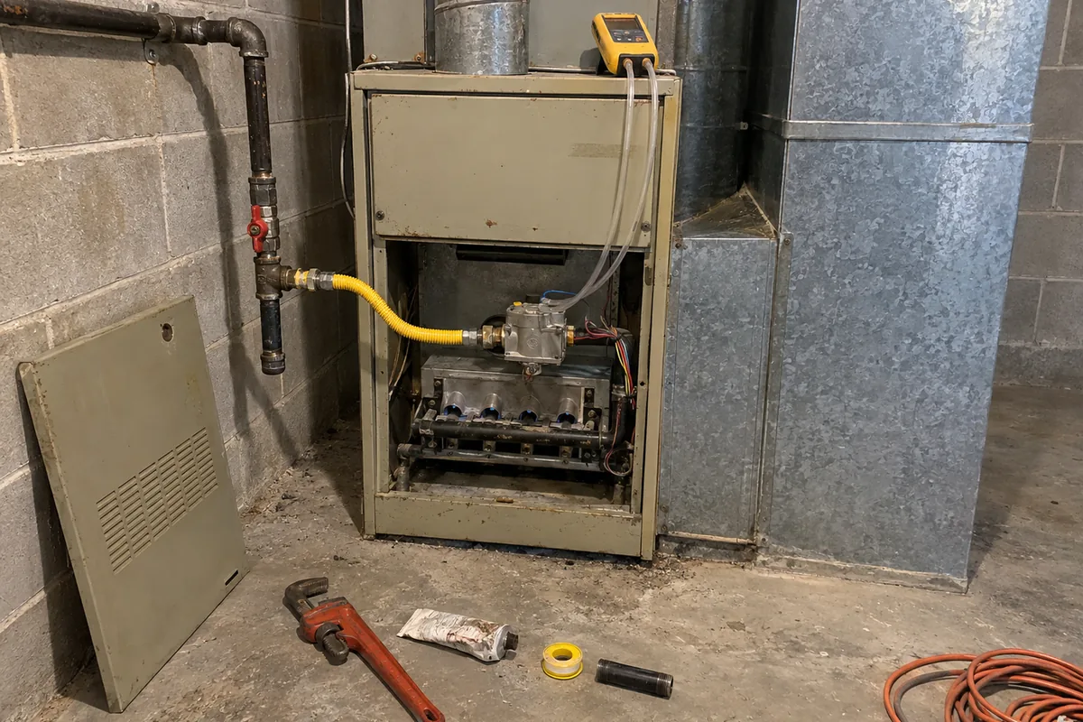 Black iron gas piping running to the gas valve on a basement furnace, a shutoff valve and drip leg visible at the connection, a small digital manometer resting on the furnace cabinet with clear tubing run to the inlet pressure tap, pipe dope and a pipe wrench on the concrete floor beside it under flat basement light.