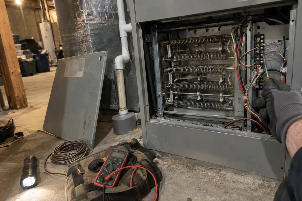 Open lower panel of a basement heat pump air handler showing the electric heat strip coils and the low-voltage terminal board, a gloved hand holding a screwdriver at the thermostat wire terminals, the removed panel leaning on the unit, a multimeter on a canvas tool bag, a coil of thermostat wire and a flashlight on the concrete floor under a bare bulb.