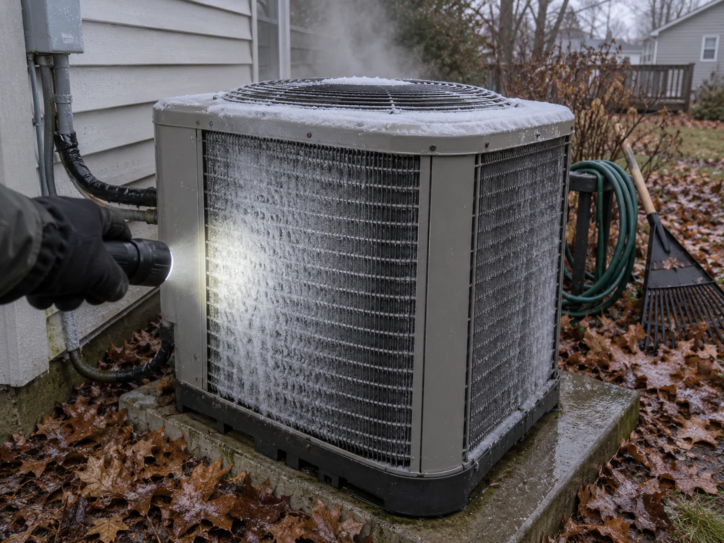 A residential heat pump outdoor unit with frost on the fan grille and coil fins and steam rising behind it, a gloved hand shining a flashlight at the coil, wet fallen leaves, a coiled garden hose and a leaf rake nearby on an overcast morning.