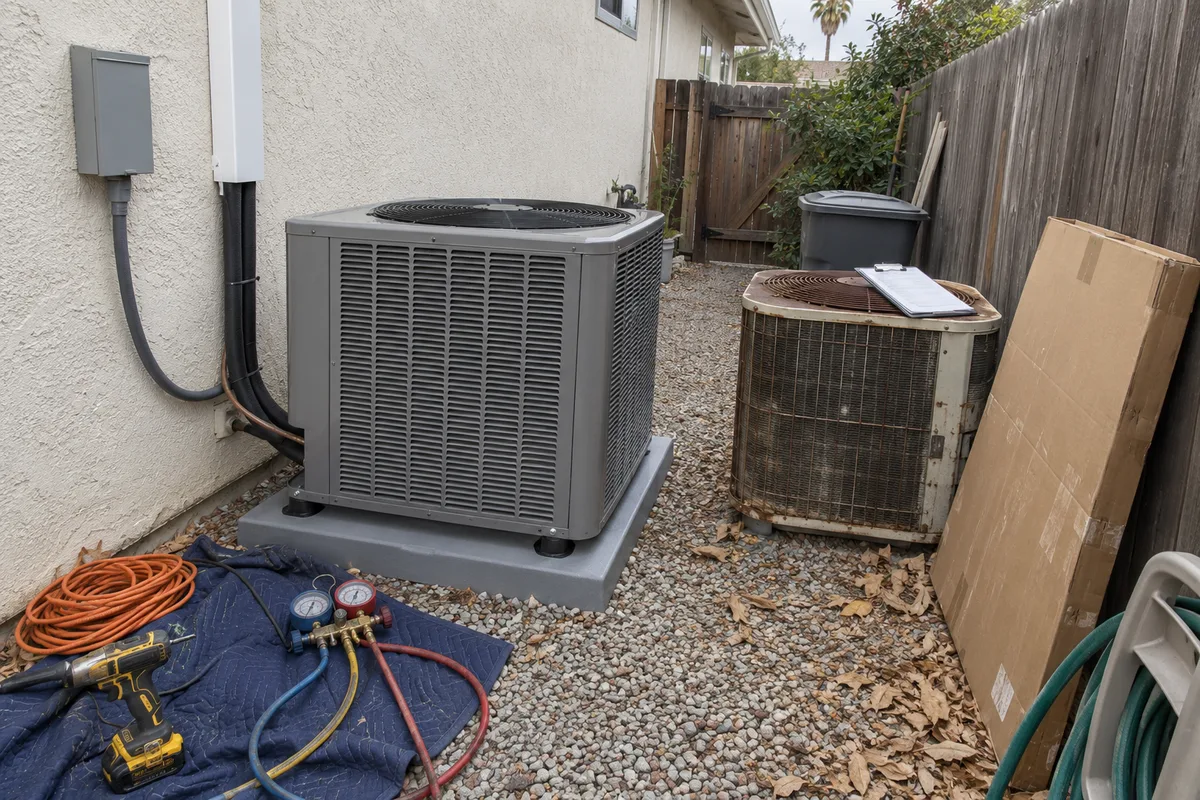 A new heat pump condenser on a gray equipment pad in a narrow stucco side yard, the rusted old AC unit beside it on gravel with a clipboard on top, a manifold gauge set, cordless drill and orange extension cord on a moving blanket, a flattened equipment box against the fence.