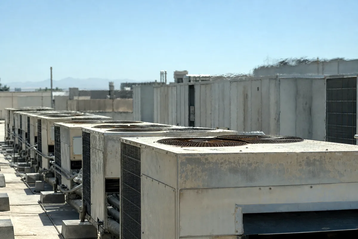 Rooftop HVAC condenser units under blazing summer sun with heat shimmer.