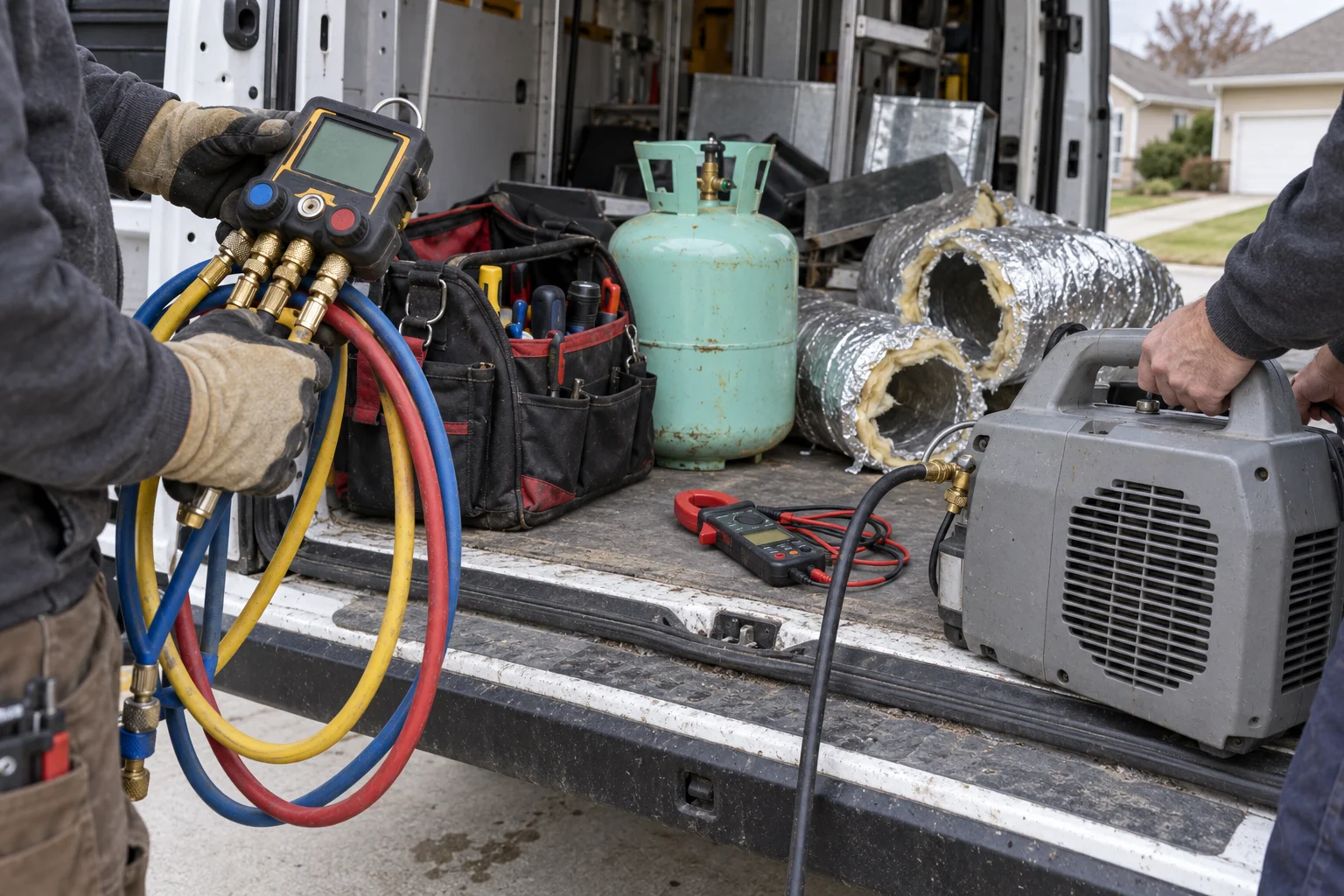 A gloved hand holding a digital manifold gauge set with coiled blue, yellow and red hoses at the open back of a work van, beside a gray refrigerant recovery machine, an unlabeled refrigerant cylinder, a tool bag and rolls of flex duct, under flat overcast light in a residential driveway.