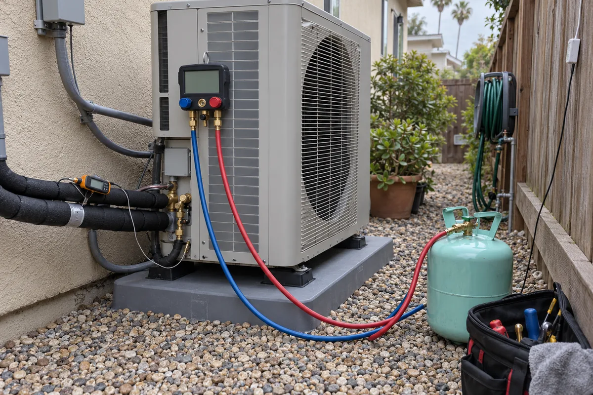 A digital refrigerant manifold gauge set clipped to the service valves of a new heat pump outdoor unit on a plastic pad in a narrow gravel side yard beside a beige stucco wall, with a clamp thermometer on the insulated suction line, an unlabeled refrigerant cylinder and an open tool bag on the gravel, a garden hose reel on the fence, under flat overcast marine-layer light.