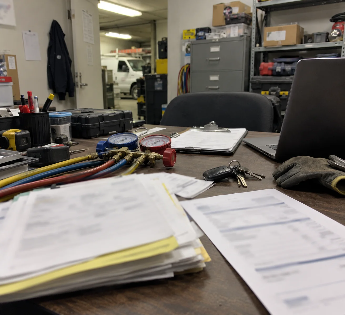 A shop office desk with a manifold gauge set, a clipboard, a stack of blurred work orders, van keys and a work glove, with a service van parked in the warehouse behind.