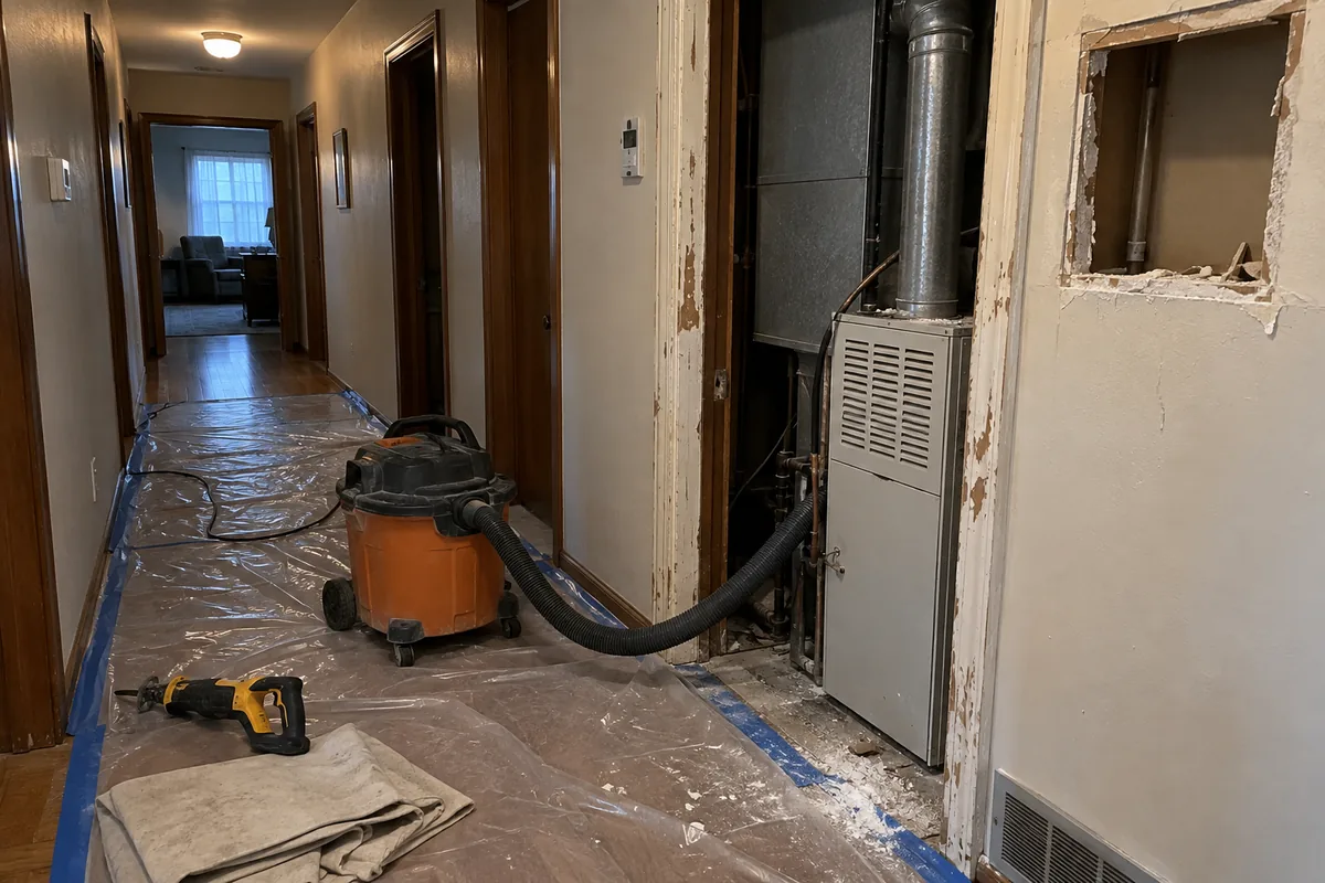 An interior hallway in an older house looking toward an open furnace closet, the painted door casing and jamb chipped down through several layers of old paint, a rectangular opening cut into the painted wall beside the closet, plastic sheeting taped down along the hallway floor with blue tape, a shop vacuum on the plastic with its hose running into the closet, and a reciprocating saw and folded drop cloth in the foreground.