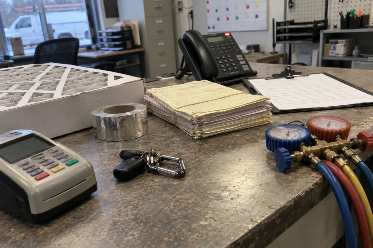The front counter of a small HVAC shop office with a black desk phone showing a lit red message light, a rubber-banded stack of carbon-copy service tickets, a clipboard of blank forms, a card terminal, van keys on a carabiner, a roll of foil tape, a boxed pleated furnace filter, and a refrigerant gauge manifold with coiled hoses, under fluorescent light with a white service van outside the window.