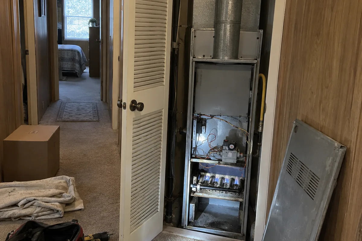 A slim gas furnace in a louvered hallway closet of a manufactured home, front panel off and leaning against the wood-paneled wall, burners lit below the gas valve and a metal vent pipe rising into the closet ceiling, a folded drop cloth, a cardboard box, and an open tool bag on the carpet of the narrow hall.