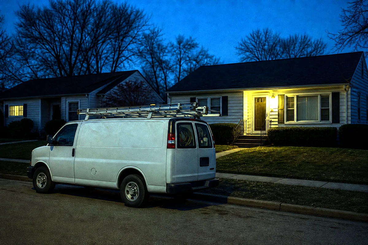 An HVAC service van parked outside a house at night with a warm porch light.