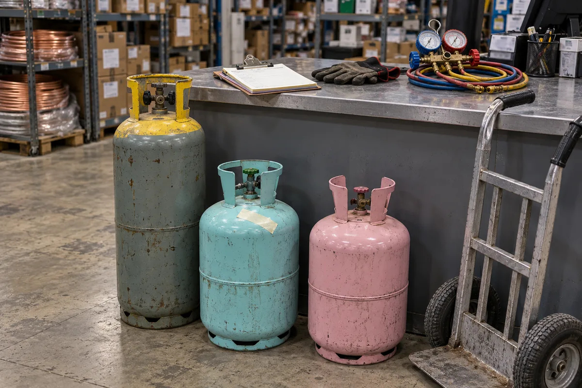 Three scuffed refrigerant cylinders, one grey with a yellow guard, one pale blue with a strip of tape and one pink, standing on a concrete warehouse floor beside a steel supply counter holding a clipboard, work gloves and a manifold gauge set, with a hand truck and shelves of boxes and copper tubing behind.