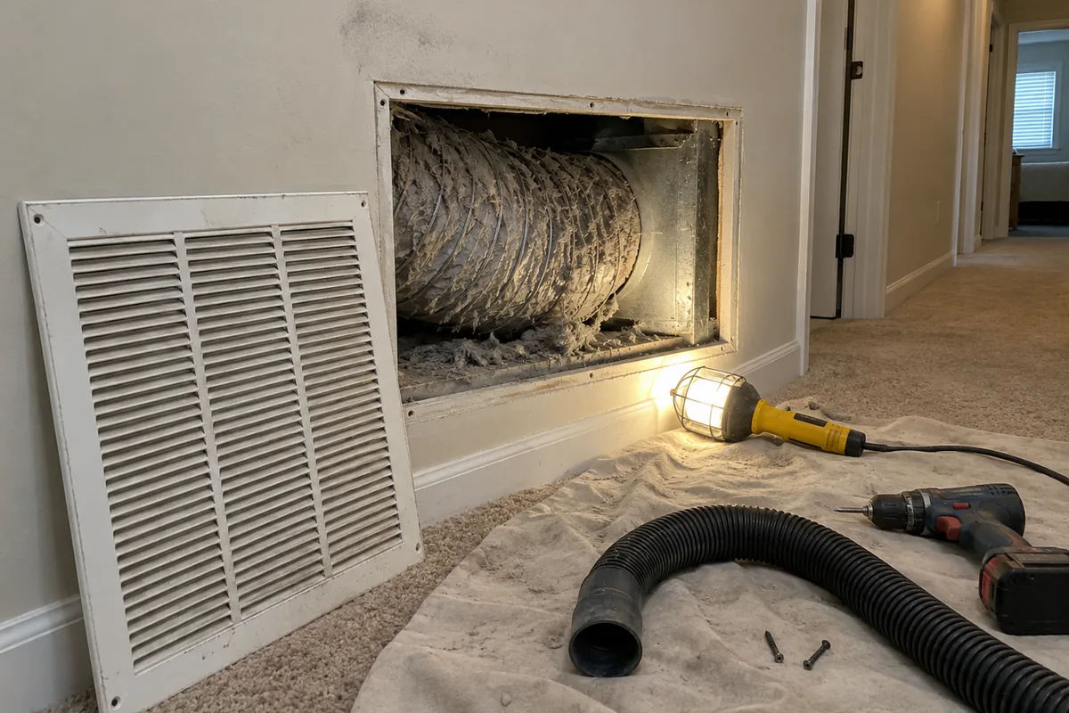 A return air grille pulled off a hallway wall and leaning against the baseboard, a section of gray flex duct visible in the wall cavity with dust built up on the inner liner, a work light on the floor and a shop vacuum hose coiled on a drop cloth over the carpet, under flat indoor lighting.