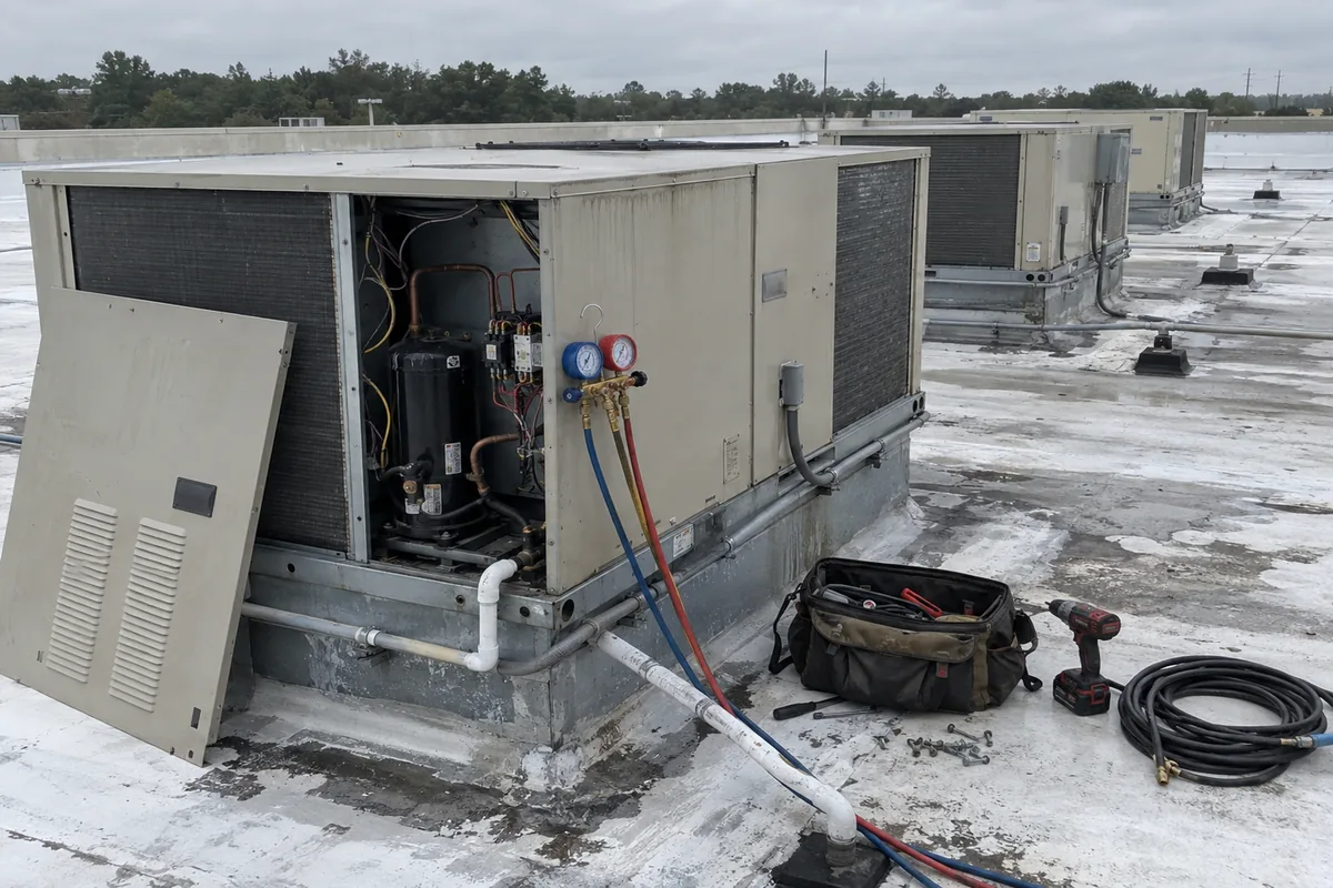 A row of commercial rooftop units on a flat white membrane roof, the nearest one with its service panel removed to expose the compressor and refrigerant lines, manifold gauges hooked to the service ports, a coiled hose and an open tool bag sitting on the membrane, under flat overcast daylight.