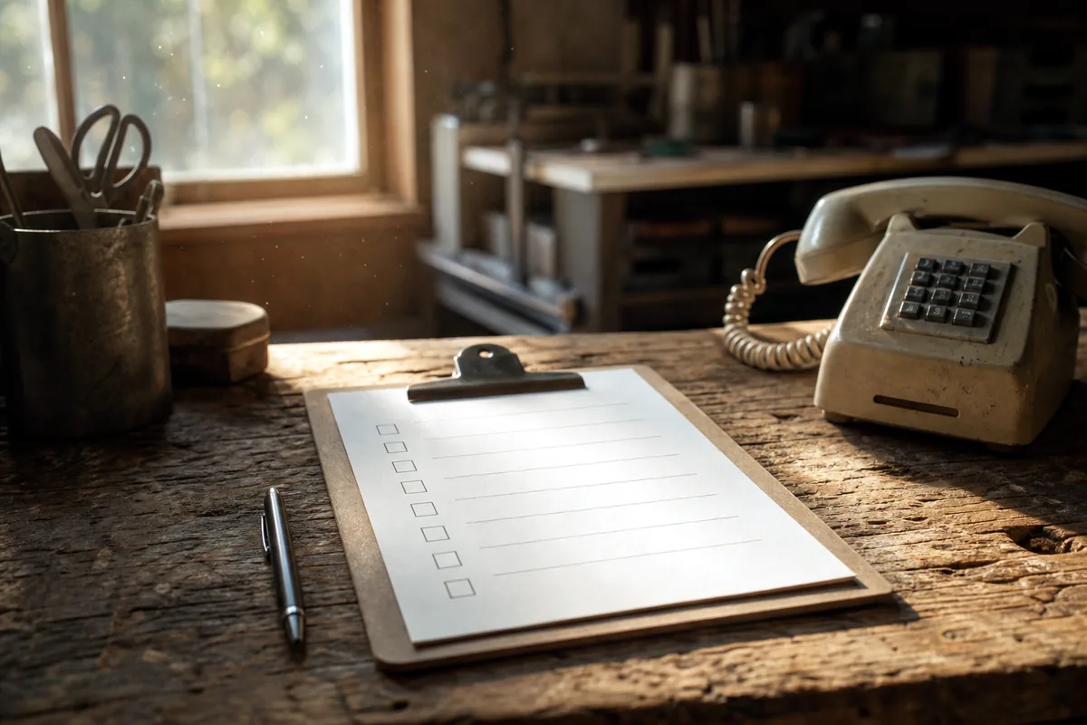 A clipboard with a blank checklist, a pen, and a desk phone on a workshop desk.