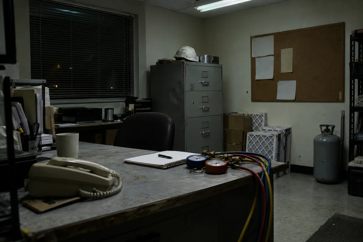 An HVAC shop office after hours, a desk phone, notebook and refrigerant gauge manifold on the desk, filters and a recovery cylinder against the back wall, the window dark.