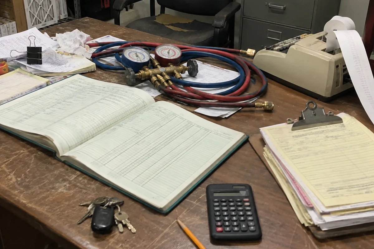 An open ledger book, a manifold gauge set with red and blue hoses, a printing calculator, a clipboard of carbon-copy service tickets, van keys and a pocket calculator on a worn desk in a small independent HVAC shop office.