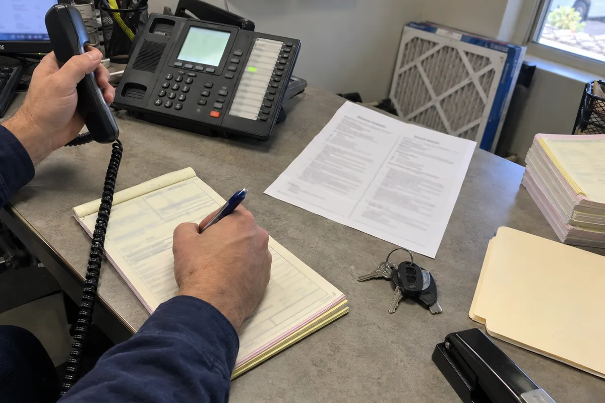 A dispatcher's hands in a navy work shirt holding a black desk phone handset and writing on a carbon-copy service ticket pad, beside a multi-line office phone with a lit line button, a two-column call script sheet, van keys, a stack of service tickets, a manila folder, and a boxed furnace filter under a side window in a small HVAC shop office.