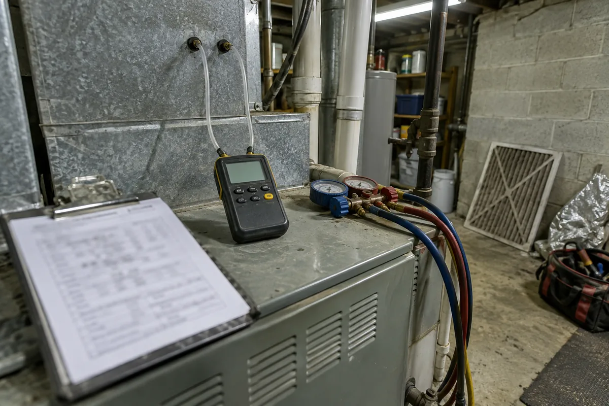 A digital manometer sitting on the scuffed grey cabinet top of an older basement gas furnace, two clear tubes running up to static pressure test ports in the galvanized sheet metal plenum behind it, an aluminum clipboard holding a start-up worksheet angled in the foreground with its print not legible, a refrigerant gauge manifold with red and blue hoses beside it, and a dirty pleated filter leaning against the concrete block wall next to a canvas tool bag on the floor.