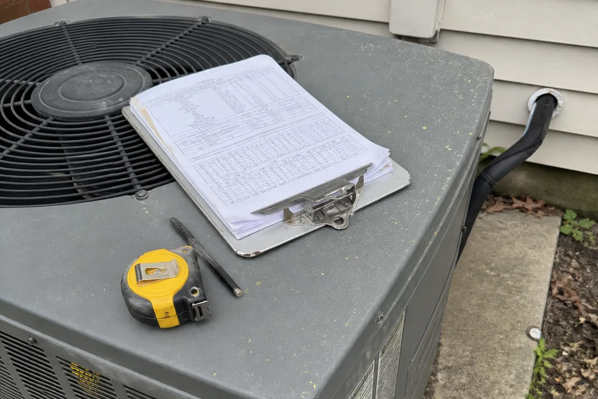 A clipboard of equipment submittal sheets and performance tables rests on an outdoor condensing unit beside a tape measure.