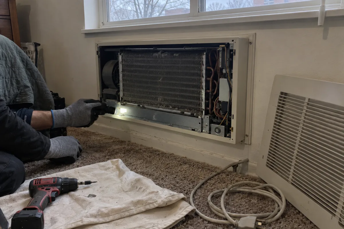 Gloved hands shining a flashlight on the base pan of a through-the-wall heat pump with its front grille off, the grille leaning on the bedroom wall, a cordless drill on a drop cloth and the unit's coiled power cord on the carpet.