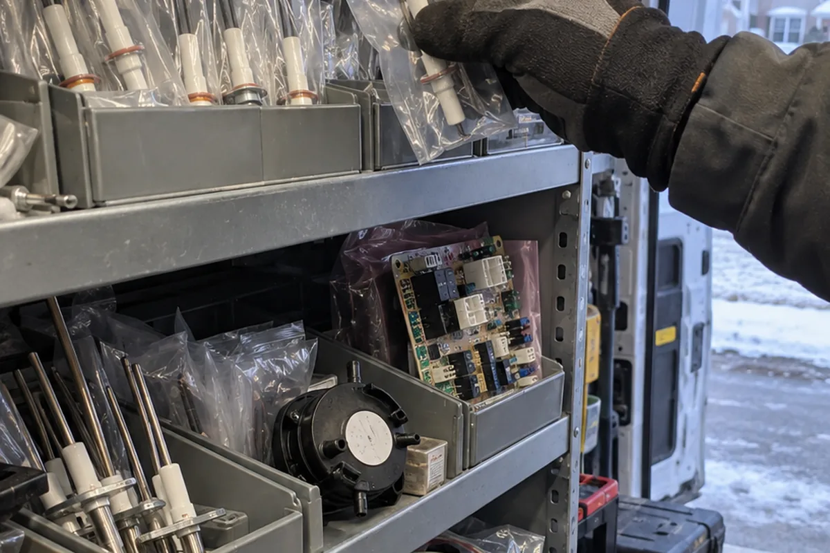 Service van shelving with bagged hot surface igniters, flame sensors, a pressure switch, a furnace control board and an inducer motor, a gloved hand reaching for one.