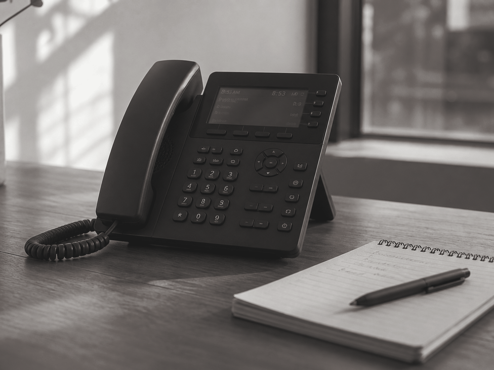 A desk phone and a notepad on a wooden desk in morning light.
