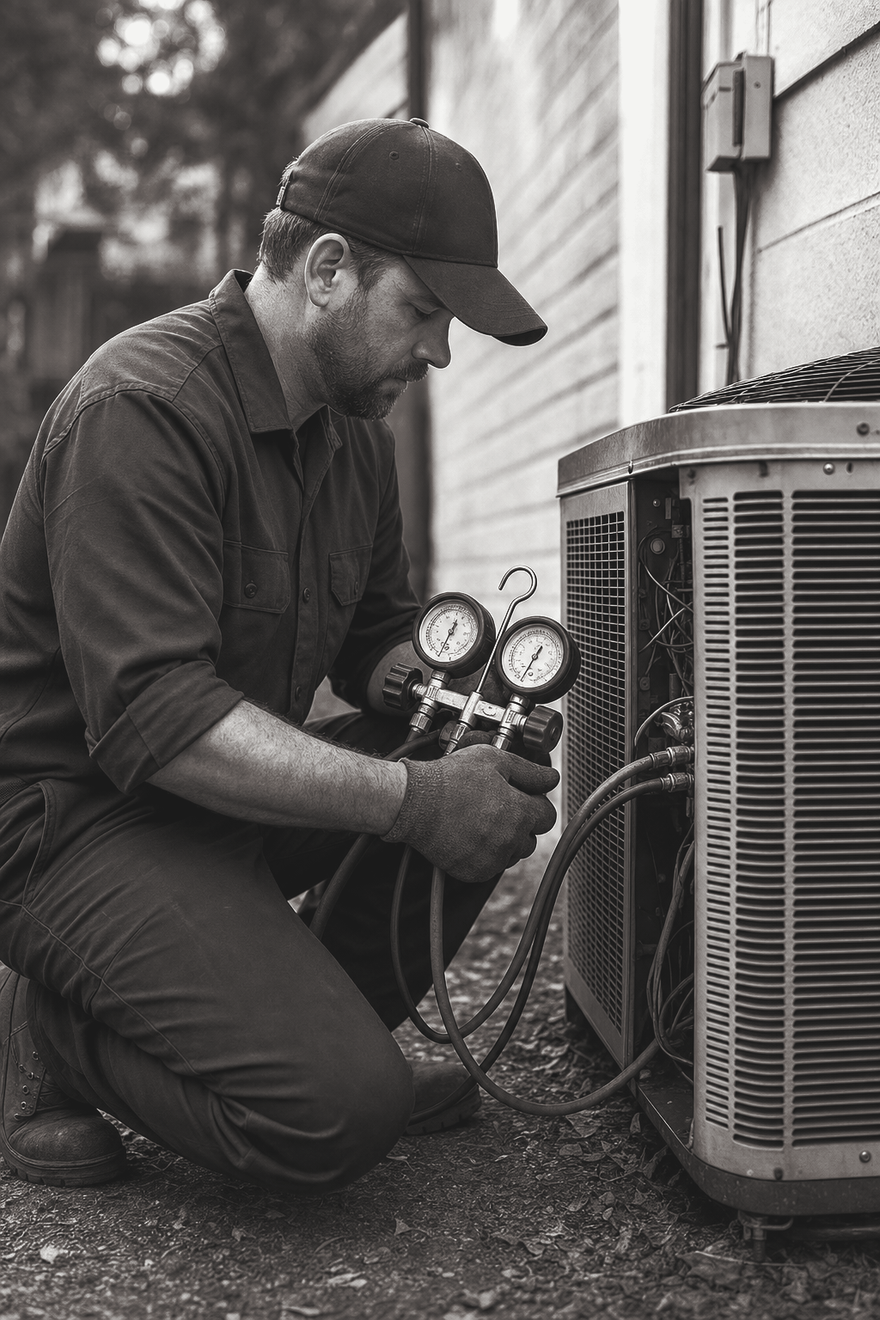 An HVAC technician kneeling at an outdoor condenser unit, checking refrigerant pressure with a manifold gauge.