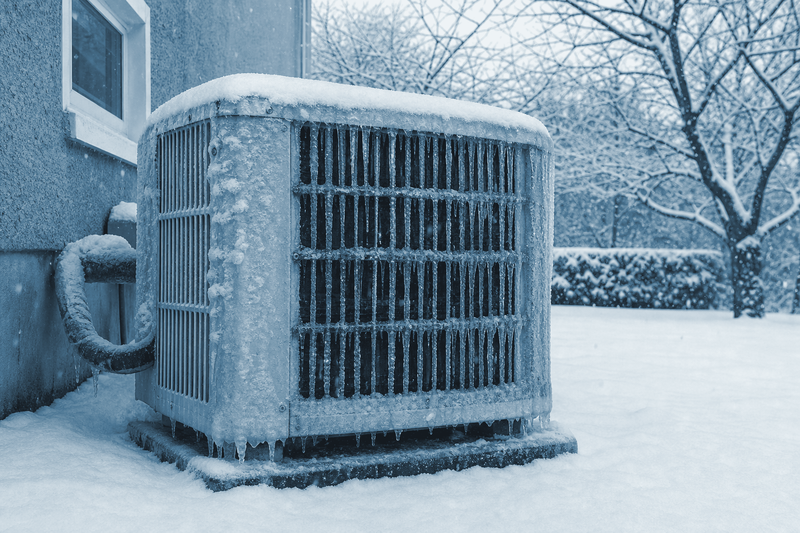 An outdoor AC condenser unit frozen solid with frost and icicles during a hard winter freeze.