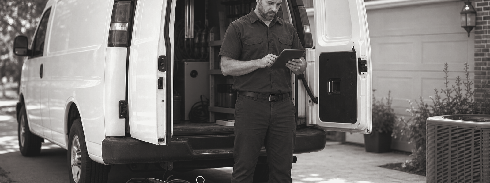 An HVAC technician checking a tablet at the back of his service van in a driveway.